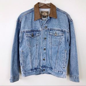 Vintage Express Blue and Brown Jean Jacket with Leather Collar